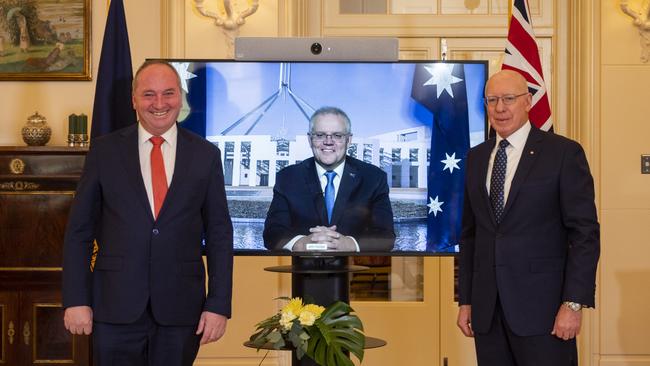 Barnaby Joyce being sworn in as Deputy Prime Minister on Tuesday at Government House, Canberra. Picture: Martin Ollman