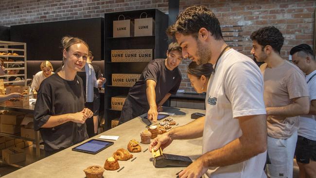 The opening of Lune Croissanterie at Rosebery Engine Yards created long lines of people stretching around the corner. Picture: NewsWire / Simon Bullard.