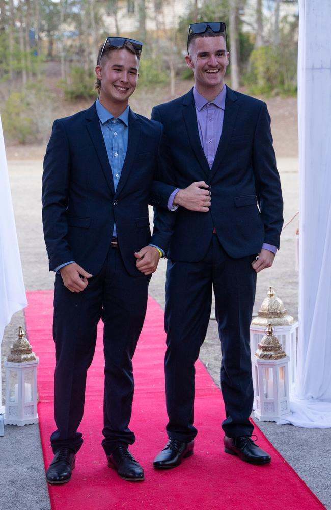 Jarrad Holzberger and Ryan Finch arrive at the Gympie State High School formal 2023. November 16, 2023. Picture: Christine Schindler