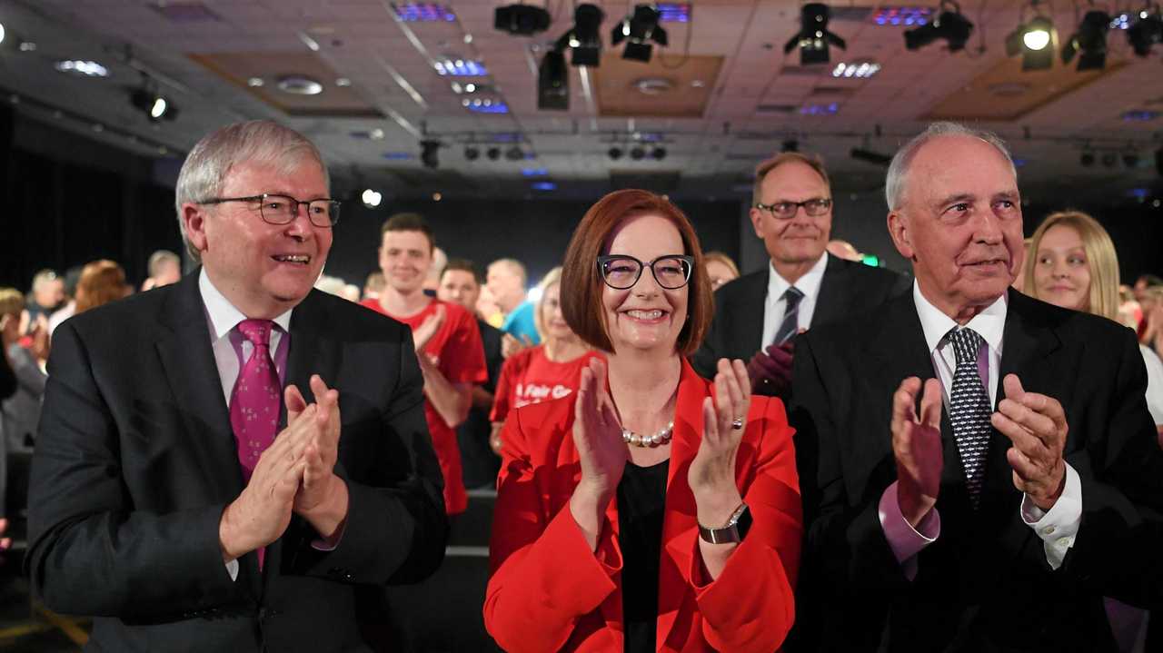 Former Australian Prime Ministers Kevin Rudd, Julia Gillard and Paul Keating acknowledge Australian Opposition Leader Bill Shorten after delivering a speech at the Labor Party campaign launch for the 2019 Federal election at the Brisbane Convention Centre in Brisbane, Sunday, May 5, 2019. Picture: LUKAS COCH