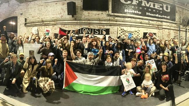 A meeting of unionists with CFMEU branding behind them shows its support for Palestinians.