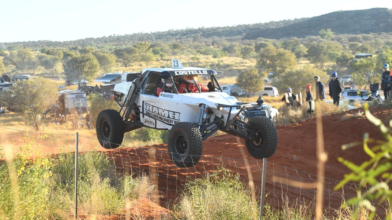 Finke drivers come over the 30km first on day 1 of the Finke Desert Race. Picture: (A)manda Parkinson