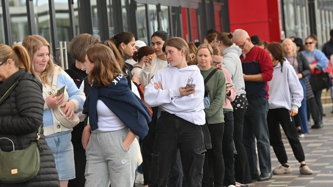 Adelaide fans line up outside the entertainment centre for Katy Perry tickets. Picture: Keryn Stevens