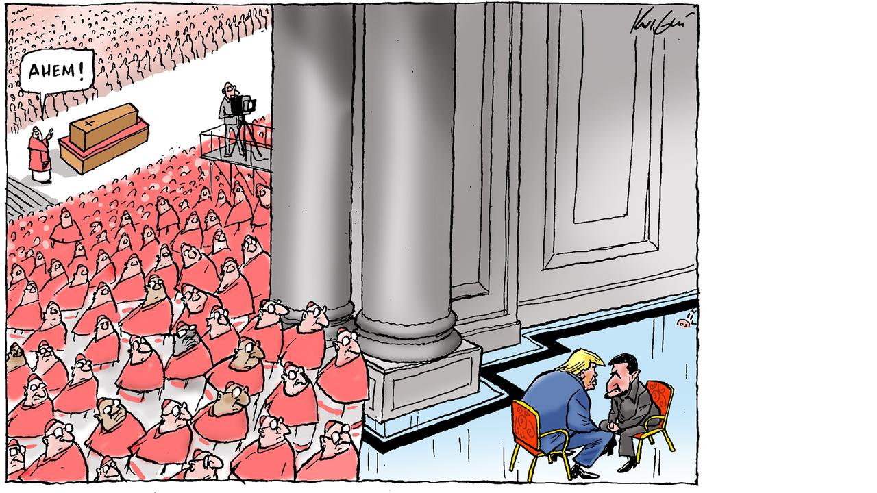 Mark Knight's cartoon of Trump and Zelenskyy's horn-locking meeting at Pope Francis' funeral features a simple four-letter wordplay as its memorable punchline. Picture: Mark Knight