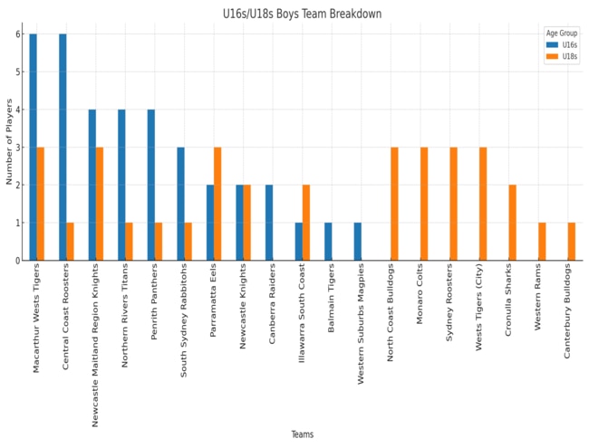 The team breakdown for the U16s/U18s boys. Picture: Supplied