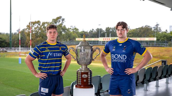 Nick Bloomfield and Charlie McCauley pictured at the Queensland Premier Rugby finals launch. Picture credit: QRU Media/Erick Lucero