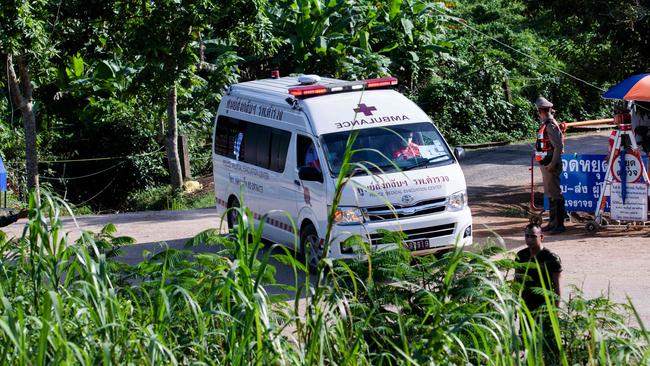 An ambulance exits from the Tham Luang cave area. Picture: AFP