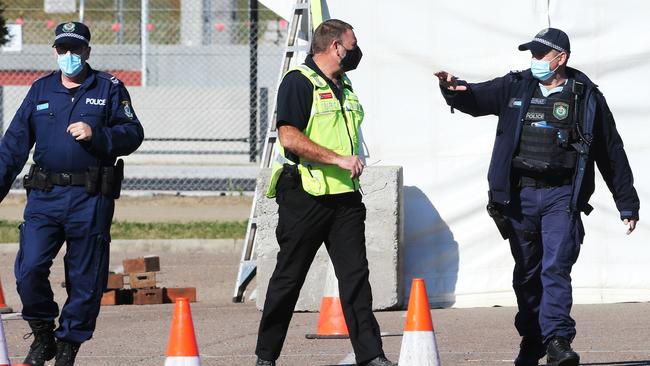 There has been a heavy police presence at the new pop-up Covid Testing Centre at McDonald Jones Stadium in Newcastle. Picture: Peter Lorimer.