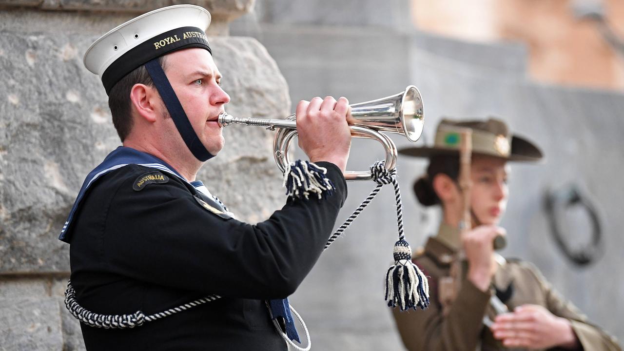 The Last Post during Anzac Day Dawn Service at the South Australian National War Memorial on North Terrace, Adelaide, 2019. Picture: Tom Huntley