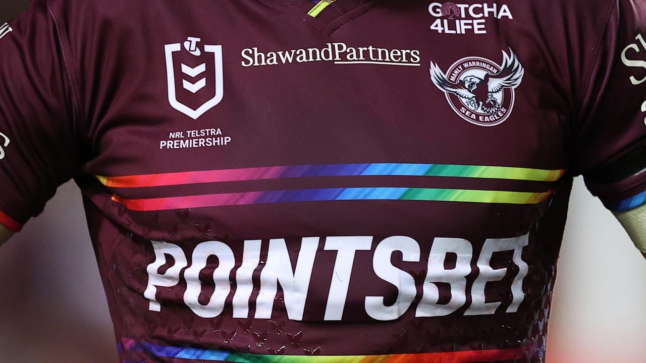 SYDNEY, AUSTRALIA - JULY 28: The Manly Sea Eagles rainbow pride jersey is seen on a player during the round 20 NRL match between the Manly Sea Eagles and the Sydney Roosters at 4 Pines Park on July 28, 2022, in Sydney, Australia. (Photo by Cameron Spencer/Getty Images)