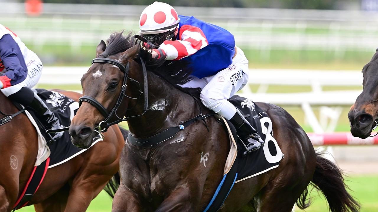 Ronnie Stewart gets Flying Trapeze home for his former boss Garry Porteli at Doomben. Picture: Grant Peters/Trackside Photography