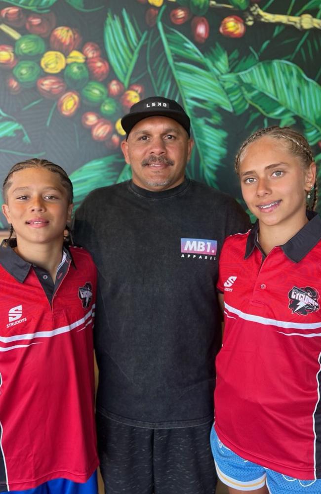 Touch football players Matthew Bowen (left) and Diaz Bowen (right) will both represent the NQ Cyclones for the first time at the National Youth Championships. Pictured with Matthew Bowen Sr. (middle) Picture: Supplied.