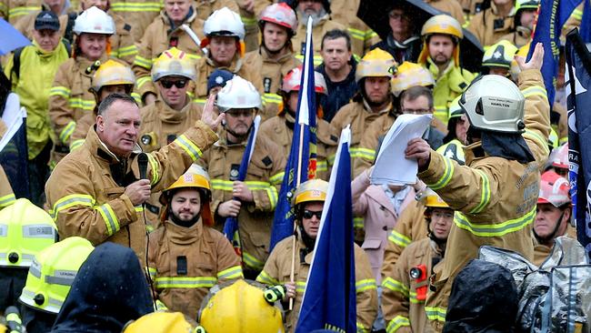 United Firefighters Union secretary Peter Marshall speaks to the firefighters. Picture: Tim Carrafa