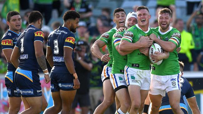 Jack Wighton of the Raiders celebrates after scoring a try. Picture: AAP Image/Lukas Coch