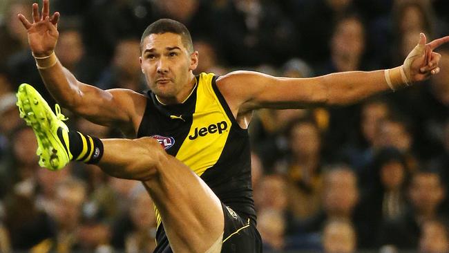 Richmond’s Shaun Grigg goals in the fourth quarter. Picture: George Salpigtidis