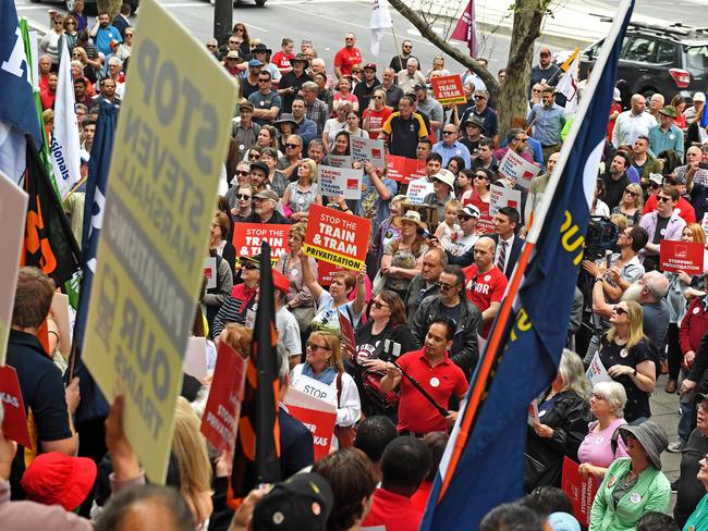 The rally against the plan to privatise Adelaide’s rail network. Picture: Tom Huntley