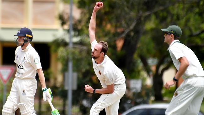Redlands bowler George Garrett Cricket action between UQ v Redlands Saturday December 17, 2022. Picture: John Gass