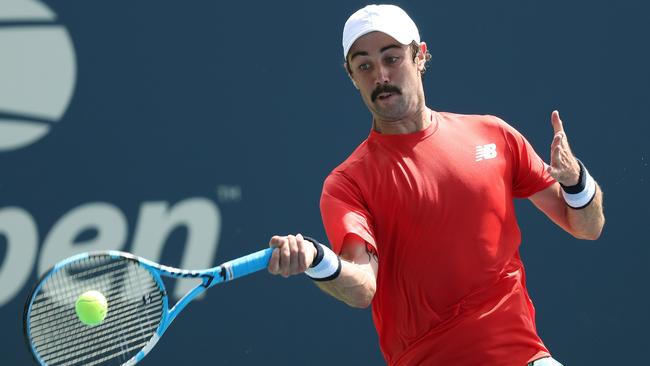 Rockin’ the mo … Australia’s Jordan Thompson during his victory of Joao Sousa at the US Open. Picture: Getty Images