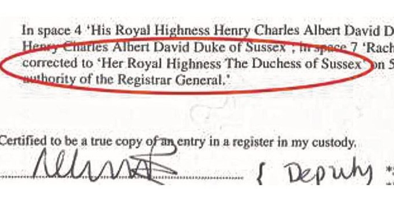 Archie’s birth certificate. Meghan is said to have removed her first name and instead added Her Royal Highness The Duchess of Sussex.