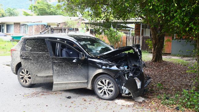 A Haval Jolion stolen from Mount Sheridan has crashed into a tree on McEwen St Mooroobool critically injuring a juvenile passenger in the vehicle. Picture: Peter Carruthers