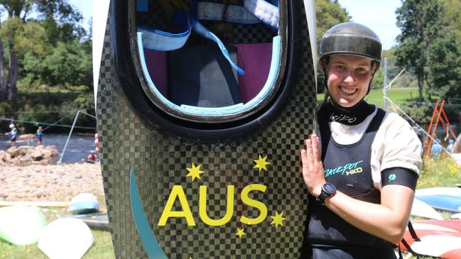 17-year-old Freja Boocock and the canoe she brought from Olympian Jess Fox at the 2025 national age championships at Forth. Picture: Elise Kaine