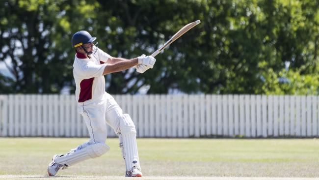 Centrals batsman Geoff Klease adopts an aggressive approach on his way to making 32 not out in his team’s opening Harding-Madsen Shield Division 1 victory over defending champions Wests in Toowoomba. Picture: Kevin Farmer