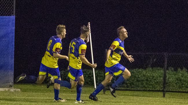 Gold Coast Premier League grand final between Broadbeach United and Gold Coast Knights at Croatian Sports Centre on Saturday. Broadbeach United's Shaun Robinson after scoring a goal. Picture: Jerad Williams