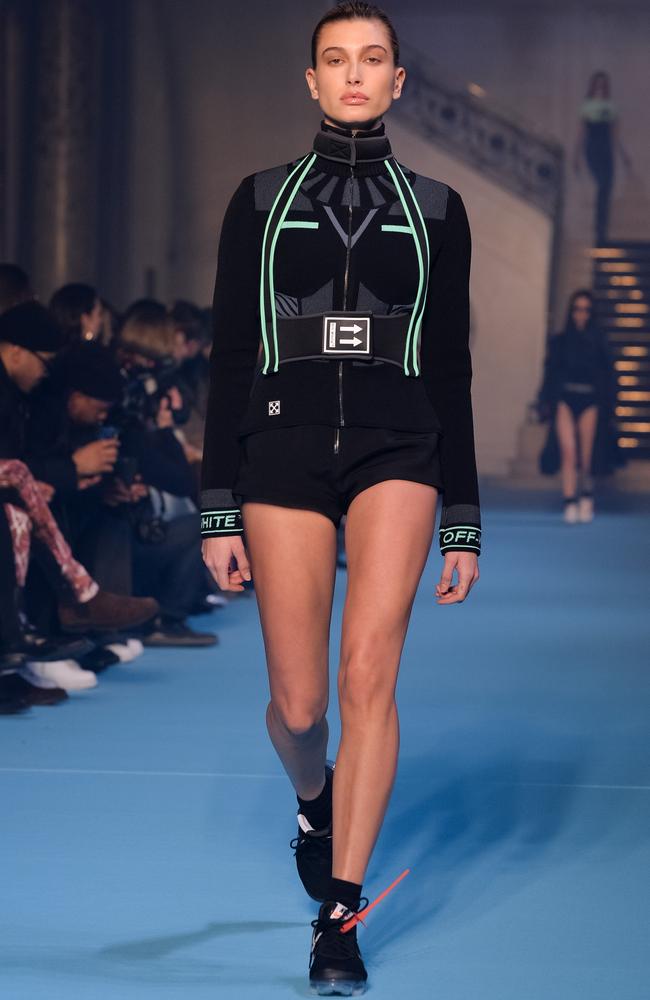 Hailey Bieber modelling for Off-White in Paris circa 2018. Virgil Abloh’s luxury streetwear brand is an icon of the late 2010s. Picture: Getty Images