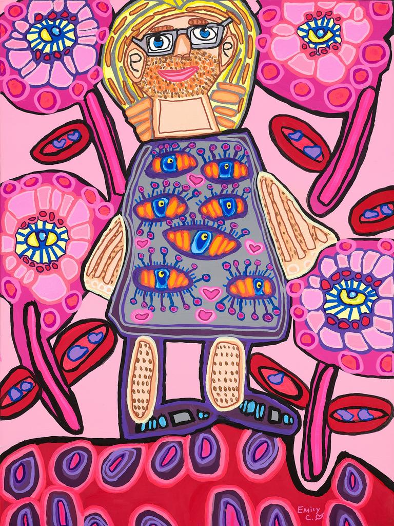 Emily Crockford’s 'Jeff's pink daisy eyelash clash', acrylic on canvas, 101.7 x 76.7cm. Sitter: Jeff McCann