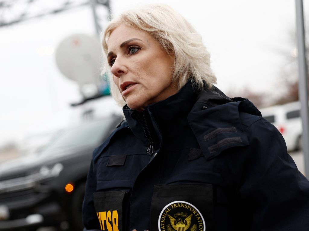 National Transportation Safety Board Chair Jennifer Homendy speaks to reporters near the collapsed Francis Scott Key Bridge. Picture: Getty Images/AFP