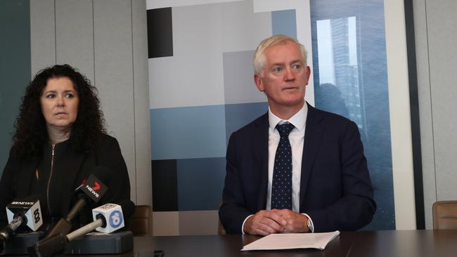 Craig Shepard and Leanne Chesser of KordaMentha at a briefing regarding the George Calombaris restaurant empire. Picture: AAP