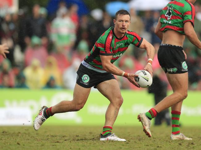 SYDNEY, AUSTRALIA - FEBRUARY 23: Damien Cook of Souths looks to pass during the NRL trial match between the South Sydney Rabbitohs and the Penrith Panthers at Redfern Oval on February 23, 2019 in Sydney, Australia. (Photo by Mark Evans/Getty Images)