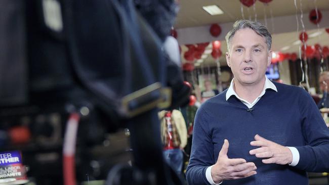 Richard Marles talks to TV crews about the long night coming up. Labors's Geelong and Corangamite general election function at Grovedale football netball club. Picture: Alan Barber