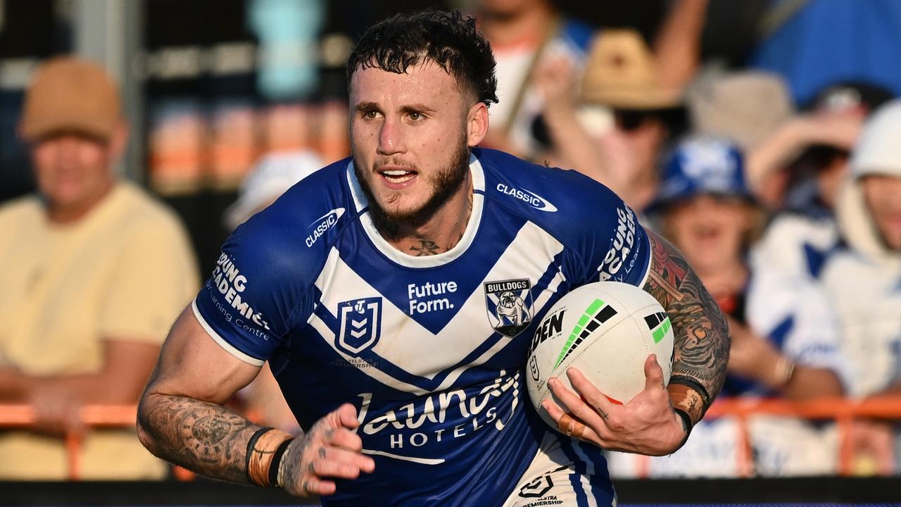 BUNDABERG, AUSTRALIA - AUGUST 17: Bronson Xerri of the Bulldogs runs with the ball during the round 24 NRL match between Canterbury Bulldogs and Dolphins at Salter Oval, on August 17, 2024, in Bundaberg, Australia. (Photo by Emily Barker/Getty Images)