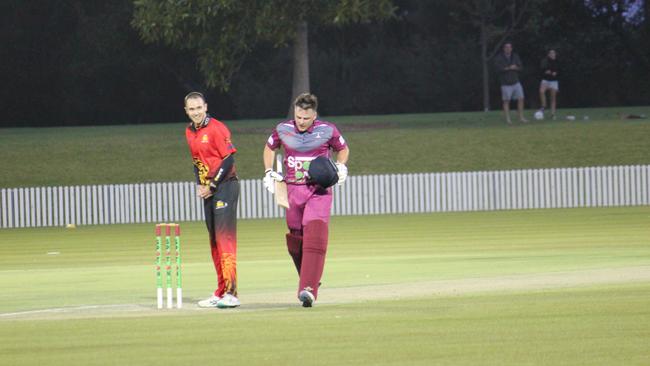 Ethan Debono brings up the century in the Cricket Illawarra T20 final. Picture: Kevin Merrigan