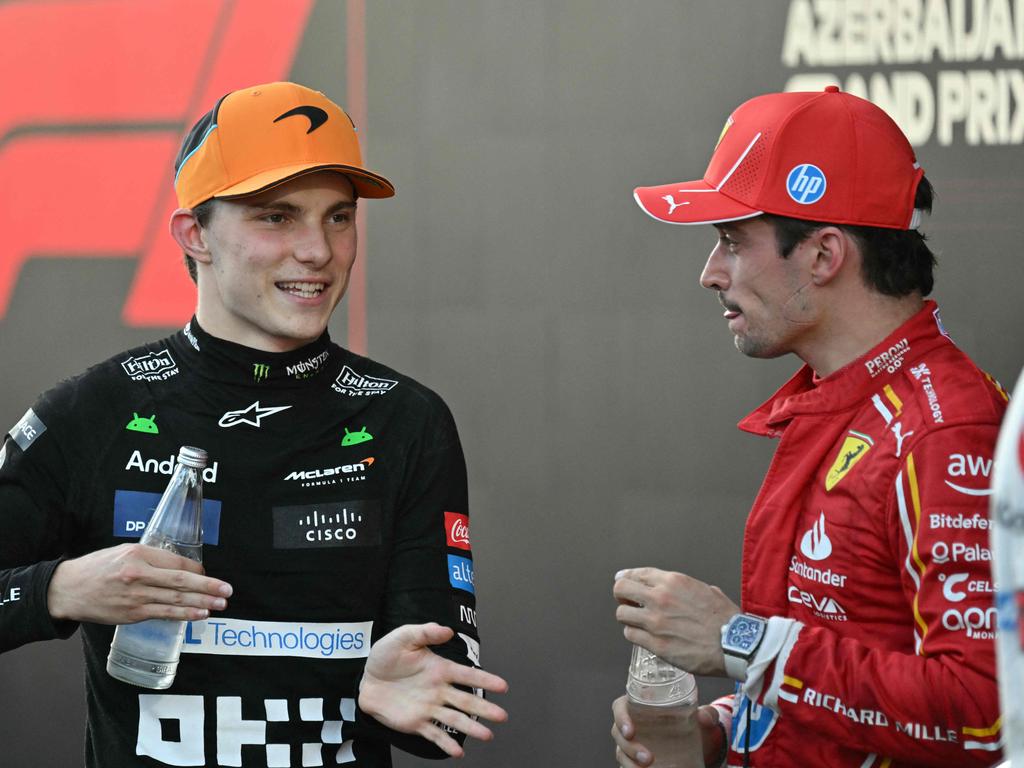 Oscar Piastri and Ferrari's Charles Leclerc in discussion post-race. Picture: Andrej Isakovic/AFP