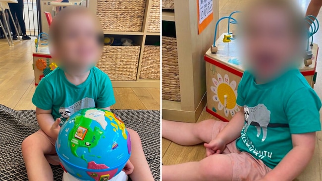 The photos Jane received of her son at daycare. Images via Four Corners.