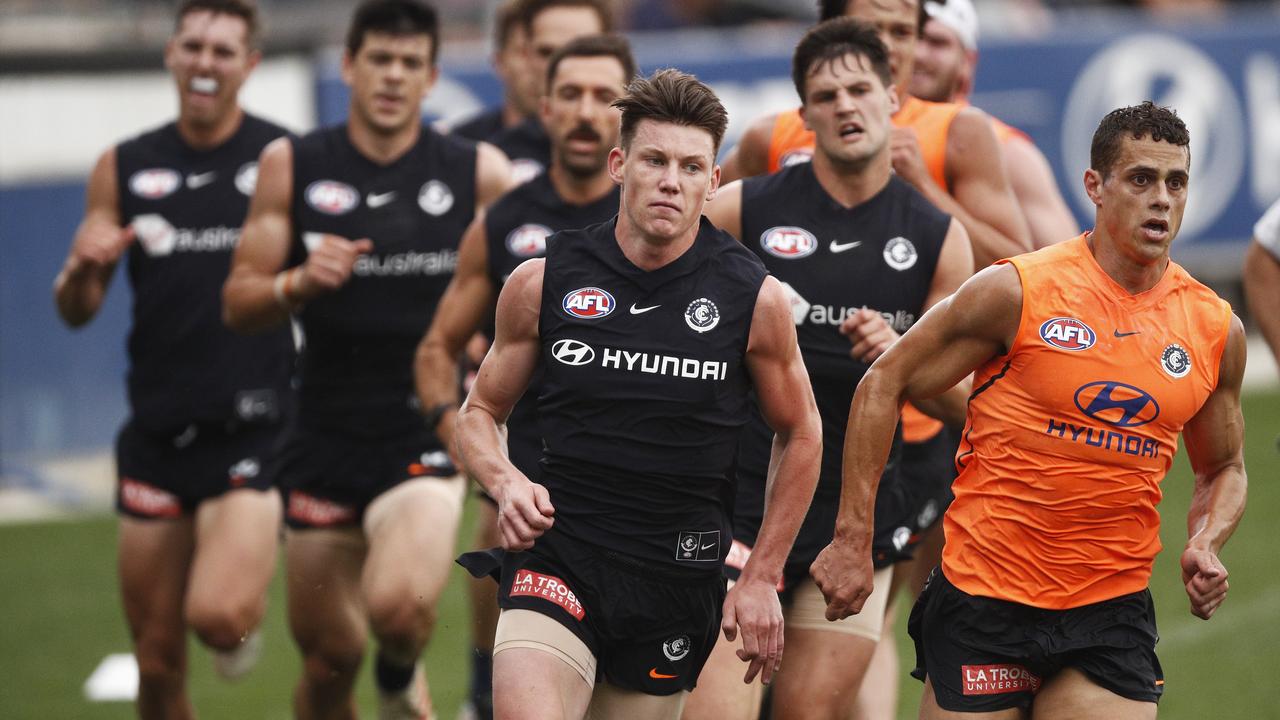 Sam Walsh, left, at the front the running group at Carlton’s pre-season training.