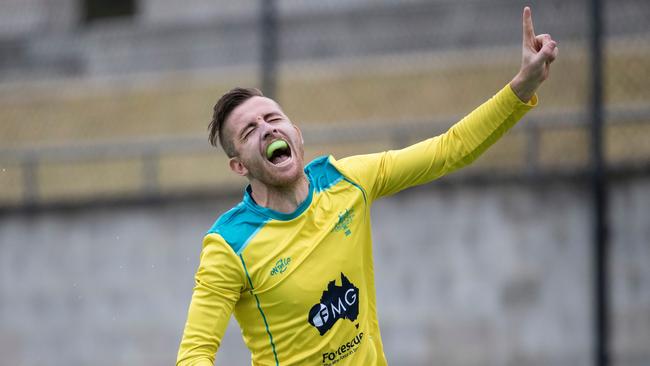 15/10/2017: Australian striker Jake Whetton celebrates after scoring a goal as the Kookaburras defeated New Zealand 6-0 in the Oceania Cup final in Sydney.