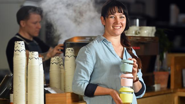 Carly Humphries, manager of Elementary Coffee, with reusable coffee cups. Picture: Tom Huntley