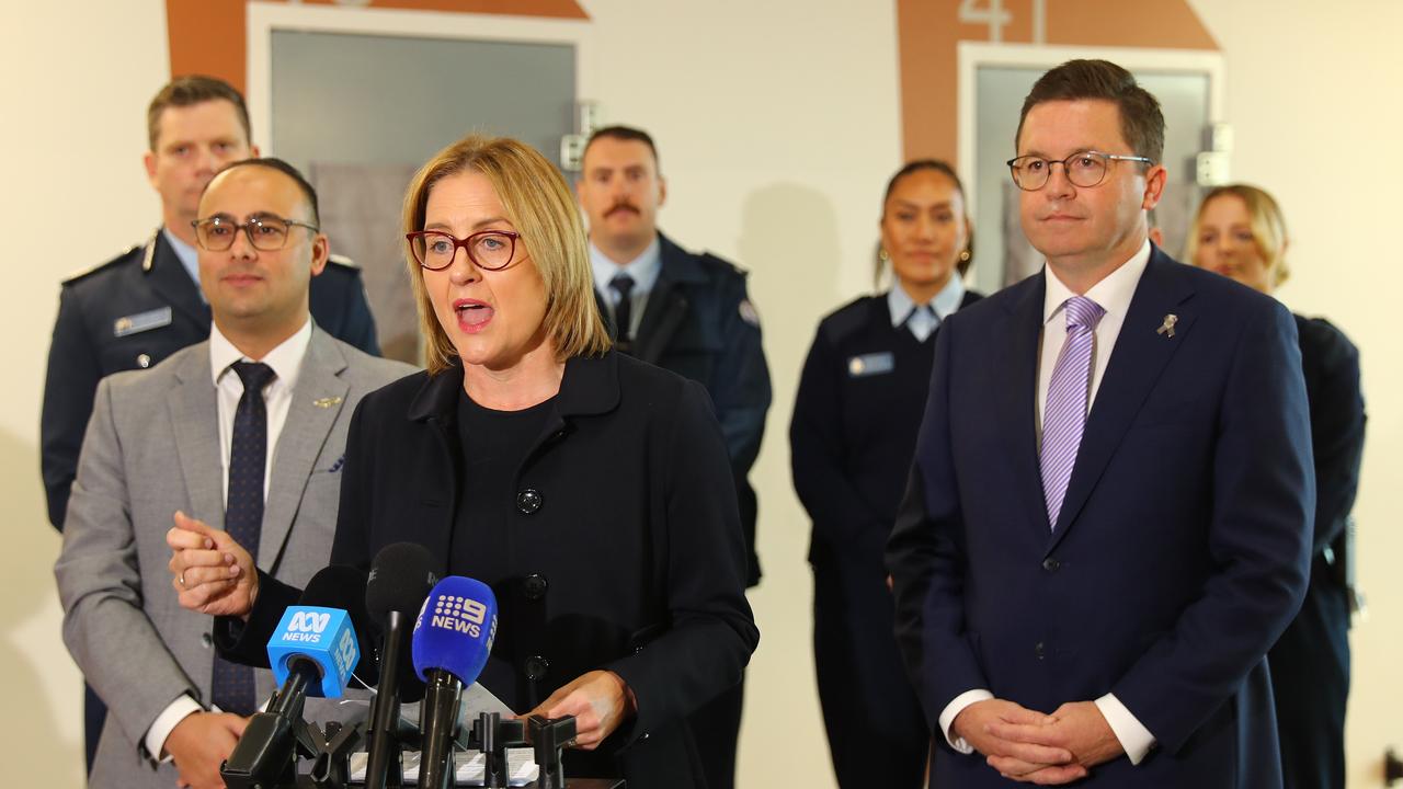 Premier Jacinta Allan speaking with the media at Western Plains Correctional Centre. Picture: Alison Wynd
