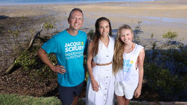 Ms Scruby with her husband and daughter on Sunday.