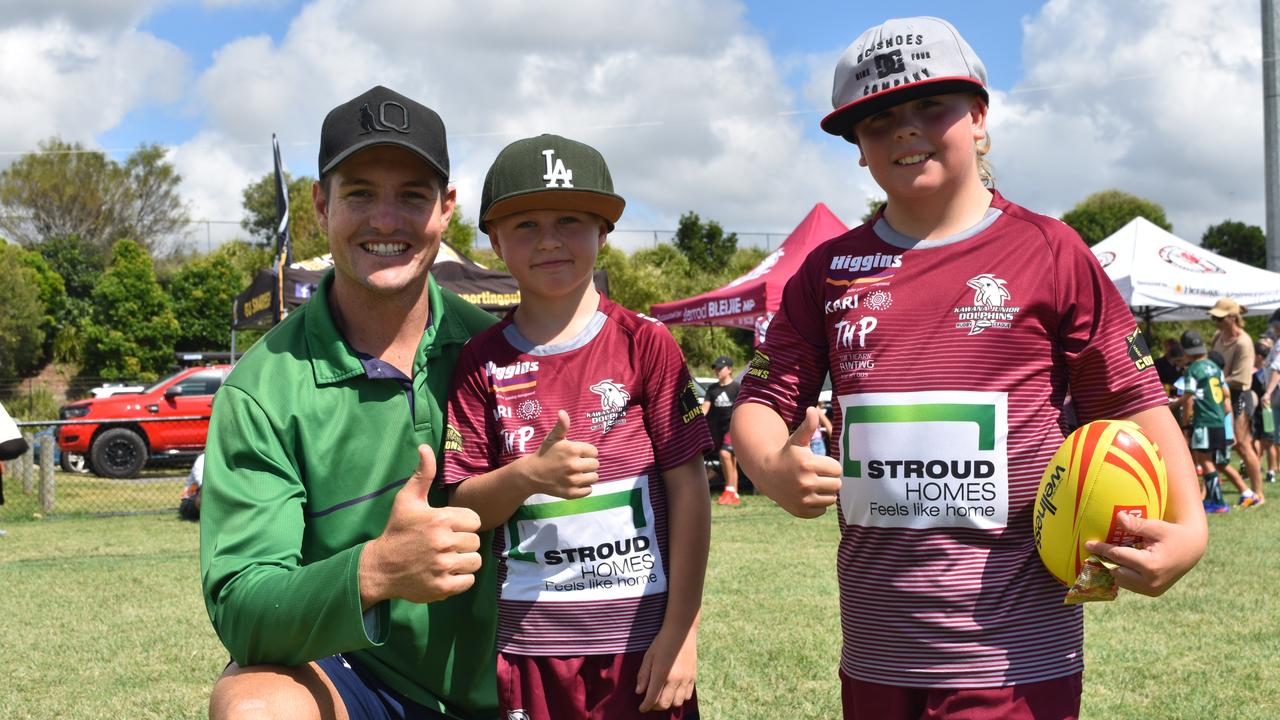 Beau Condon with Tanna and Chase at the Play Something Unreal rugby league clinic in Kawana. Picture: Sam Turner