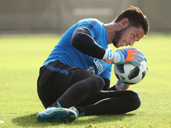 Brad Jones works hard during a Socceroos training session in 2018. Picture: Robert Cianflone/Getty Images