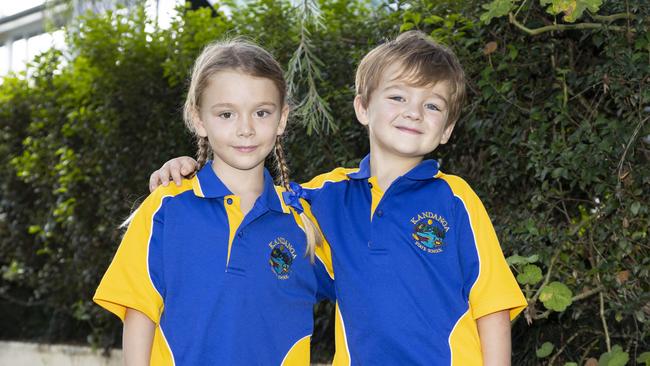 Kandanga State School student Hope Peake and Darcy Bennett on their first day of Prep 2023.