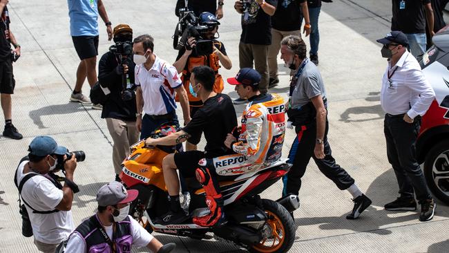 Marc Marquez was assessed for concussion and ruled out of the Indonesian Grand Prix. (Photo by Robertus Pudyanto/Getty Images)