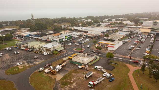 A vacant building on the corner of Main Street and Torquay Road in Pialba is being demolished ahead of the installation of underground power and the construction of the new Hervey Bay Library and Fraser Coast Regional Council Administration Centre.