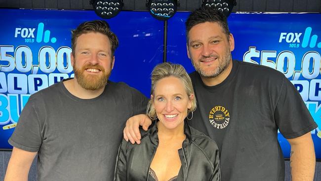 Nick Cody, Fifi Box and Brendan Fevola at their breakfast radio show on The Fox.