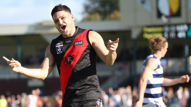 Brendan Fevola of Frankston celebrates his sixth goal during Nepean Seniors match between Frankston and Pearcedale played at Frankston Park on Friday, March 25, 2016, in Frankston, Victoria, Australia. Picture: Hamish Blair