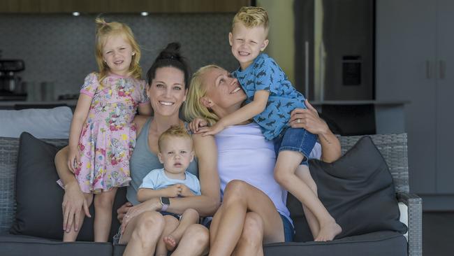 FAMILY TIME: Adelaide Crows AFLW star Erin Phillips with wife Tracy Gahan and kids Brooklyn 4, Drew 17 months and Blake 4 ahead of relinquishing her captaincy. Picture: Roy Vandervegt.